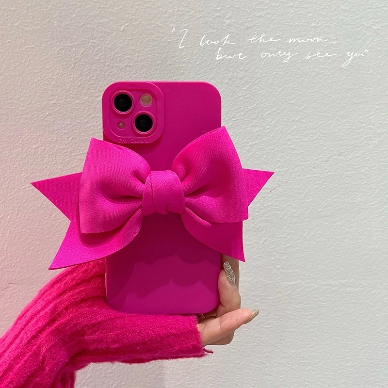 Ốp điện thoại silicon hình nơ 3D màu hồng thời trang cho iPhone 16 15 14 13 12 Pro Max 7 8 Plus X XS Max XR 11 SE Girl Gift Cover