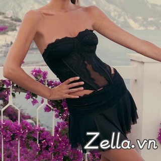 Phụ Nữ 2 Bộ Trang Phục Mùa Hè Không Tay Sling Vest Ren Hoa Ống Áo + Bọc Váy Xù Ngắn