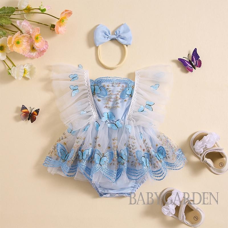 Baga-baby Bé Gái Rompers Có Băng Đô Ren Viền Họa Tiết Bướm Thêu Bay Tay Áo Tulle Viền Trẻ Sơ Sinh Body Quần Áo