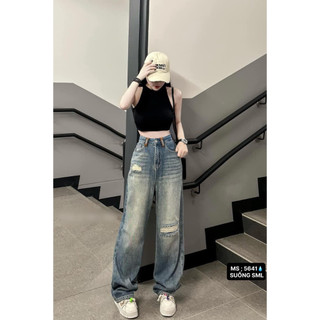 Quần jeans ống rộng nữ MIAA Wash bụi màu xanh cá tính , quần bò ống suông phong cách Ulzzang Hàn Quốc