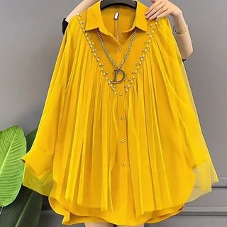 Áo sơ mi cơ bản giảm béo che bụng, phối họa tiết, kích thước lớn, thời trang nữ 2025, áo mới mùa xuân