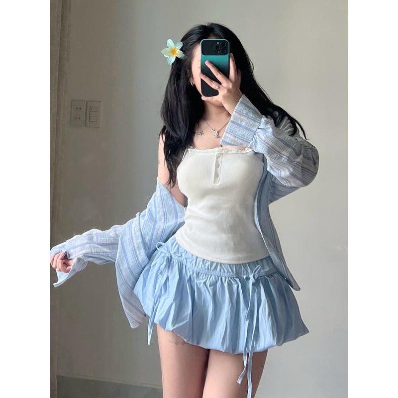 Chân váy nữ xòe đính nơ chất gió nhăn kèm lót trong lưng chun cạp cao nhiều màu basic dễ phối đồ-CV06