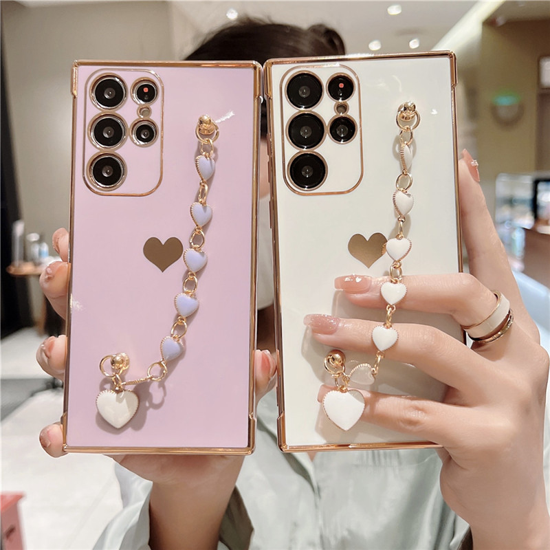 Ốp Lưng Cho Samsung Galaxy S24 S23 UItra S24 Plus S23 S21 S20 FE Mạ Silicon Trái Tim Tình Yêu Bên Hoa Văn Vòng Tay Vỏ Mềm