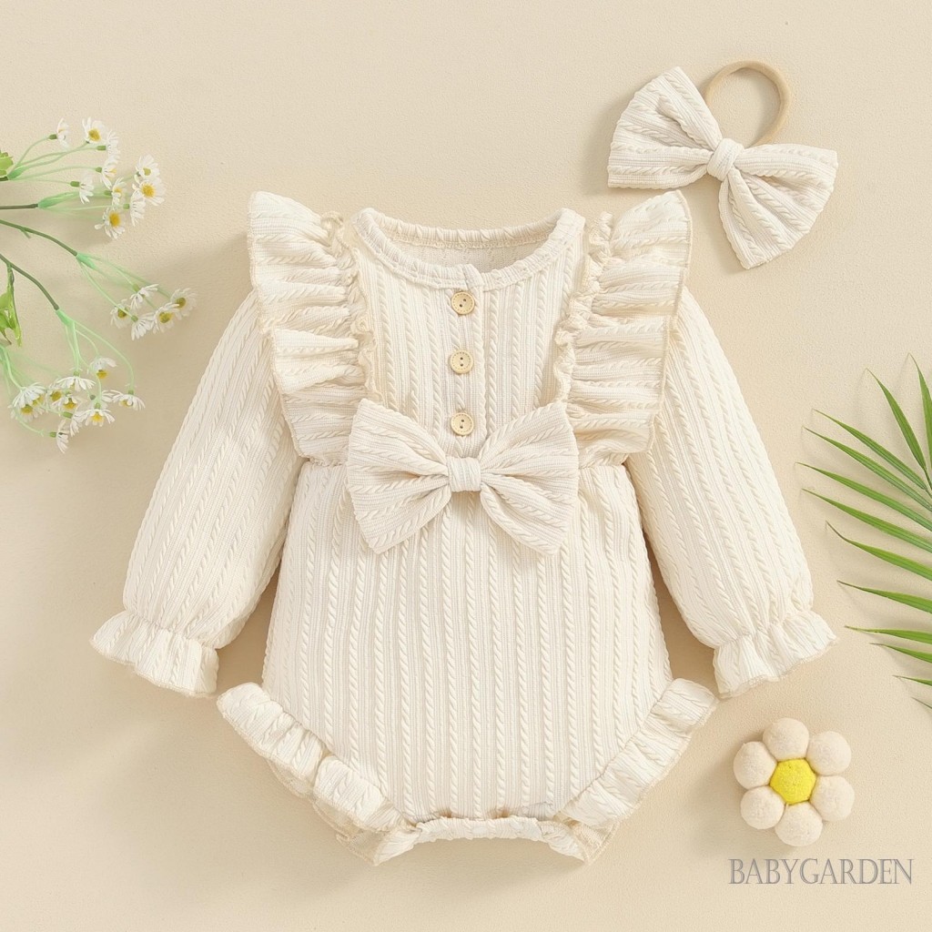 Baga-bộ áo liền quần xếp nếp cho bé gái sơ sinh Áo liền quần dài tay cổ tròn có băng đô