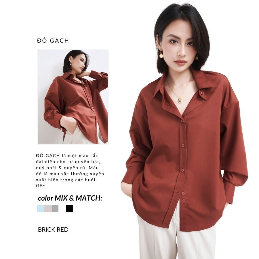 Mô tả Áo sơ mi nữ GILLEE dáng oversized, sơ mi trơn tay dài vải kate Mỹ màu đỏ gạch sang trọng quý phái FAS291 - 6