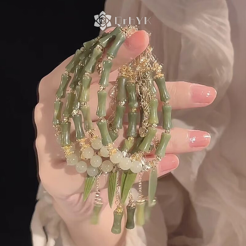 Qrhyk Phong Cách Trung Hoa Retro Xanh Tre Khớp Đính Hạt Vòng Tay Cho Nữ Thời Trang Đơn Giản Quyến Rũ Hợp Kim Lá Vòng Tay Trang Sức Quà Tặng Mới