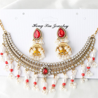 1 Bộ bohemian Ngọc Trai Kỳ Lạ vintage Tua Rua Xương Cổ Vòng Cổ Bông Tai Bộ Trang Sức