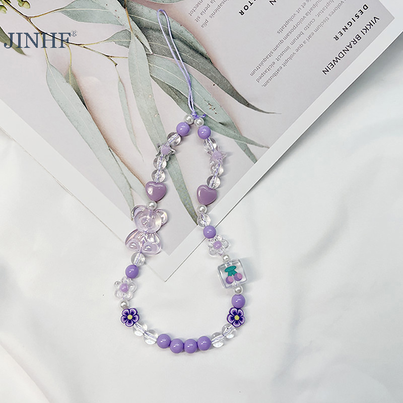 Jinhf Gấu Nơ Điện Thoại Di Động Móc Khóa Đính Hạt Chống Rơi Vòng Tay Acrylic Pha Lê Dễ Thương HOT