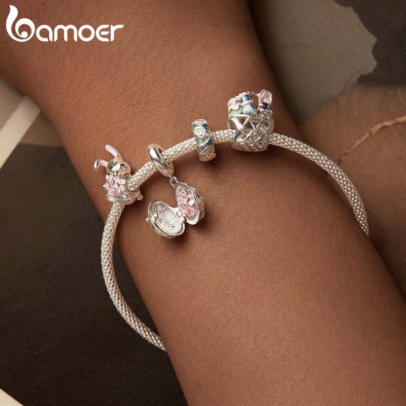 Bamoer 925 Sterling Sliver Charm Phục Sinh Trứng May Mắn Thỏ Trứng Mặt Dây Chuyền Phụ Kiện Series Cho Vòng Tay