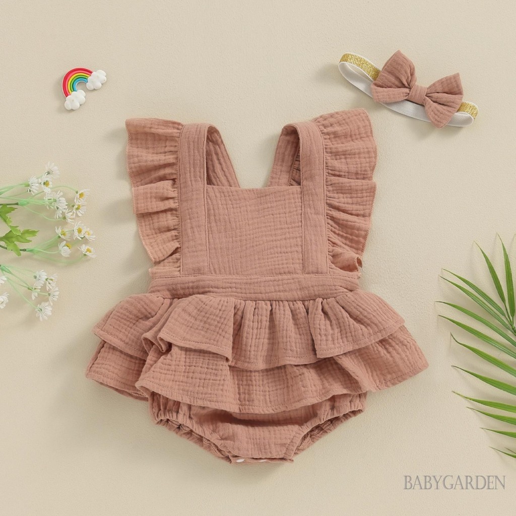 Baga-baby Bé Gái Áo Liền Quần Có Băng Đô Màu Trơn Cổ Vuông Bay Tay Trẻ Sơ Sinh Body Quần Áo Mùa Hè