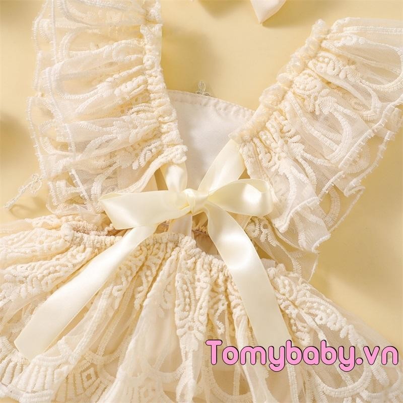 Bé Gái Mùa Hè Ren Romper Đầm 3D Hoa Bay Tay Vuông Cổ Áo liền quần + Nơ Đầu Bộ 2 Chiếc