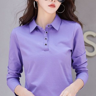 Cao Cấp Cotton Nguyên Chất Dài Tay Áo Thun Nữ polo Áo Sơ Mi Đầu Thu Phong Cách Mới Bên Trong Đáy Áo Sơ Mi Nữ Mỏng Hơn Nhìn Ve Áo Thể Thao Top