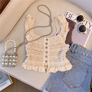Phiên Bản Hàn Quốc Ren Màu Be Slim-fit Màu Trơn Người Nổi Tiếng Cô Gái Tất Cả Trận Đấu Dệt Kim Camisole Mùa Hè Mặc Bên Ngoài Mỏng Hơn Nhìn Thiết Kế Niche Ngắn