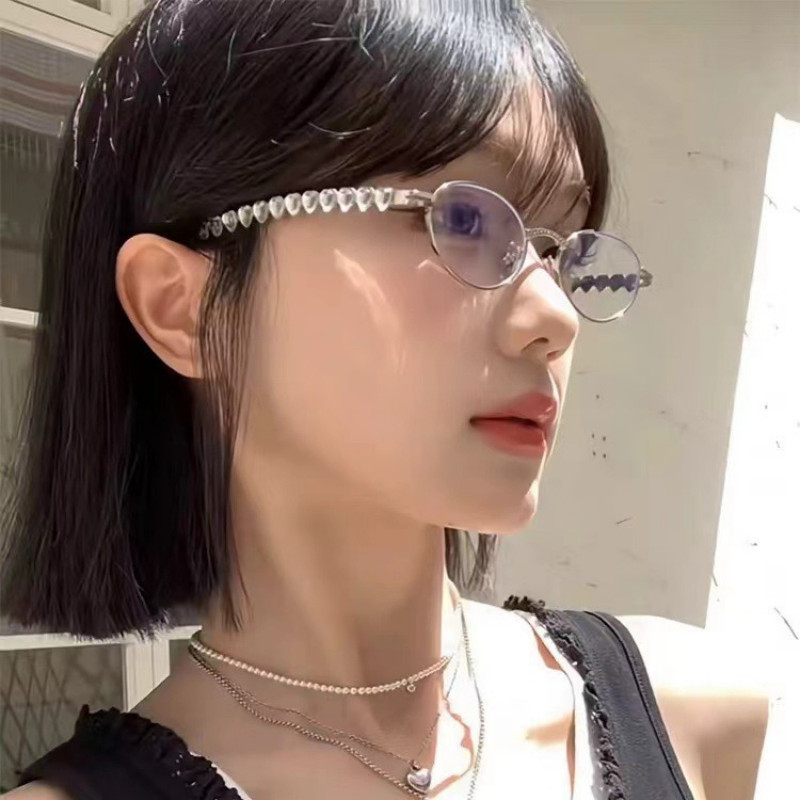 Kính hình bầu dục Heart Diamonds - Kính phẳng khung kim loại - Vintage, Y2k, Fashion - Kính mắt đọc sách - Kính mắt viền sang trọng - Kính mắt trang trí cho bé gái