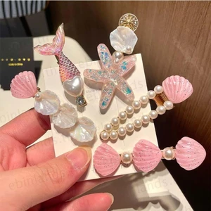 EBINLANDS 5 Chiếc Kẹp Tóc Nàng Tiên Cá, Mũ Đội Đầu Ngọc Trai Vỏ Sao Biển Kẹp Tóc, Phụ Kiện Công Chúa Đại Dương Series Bang Kẹp Bãi Biển
