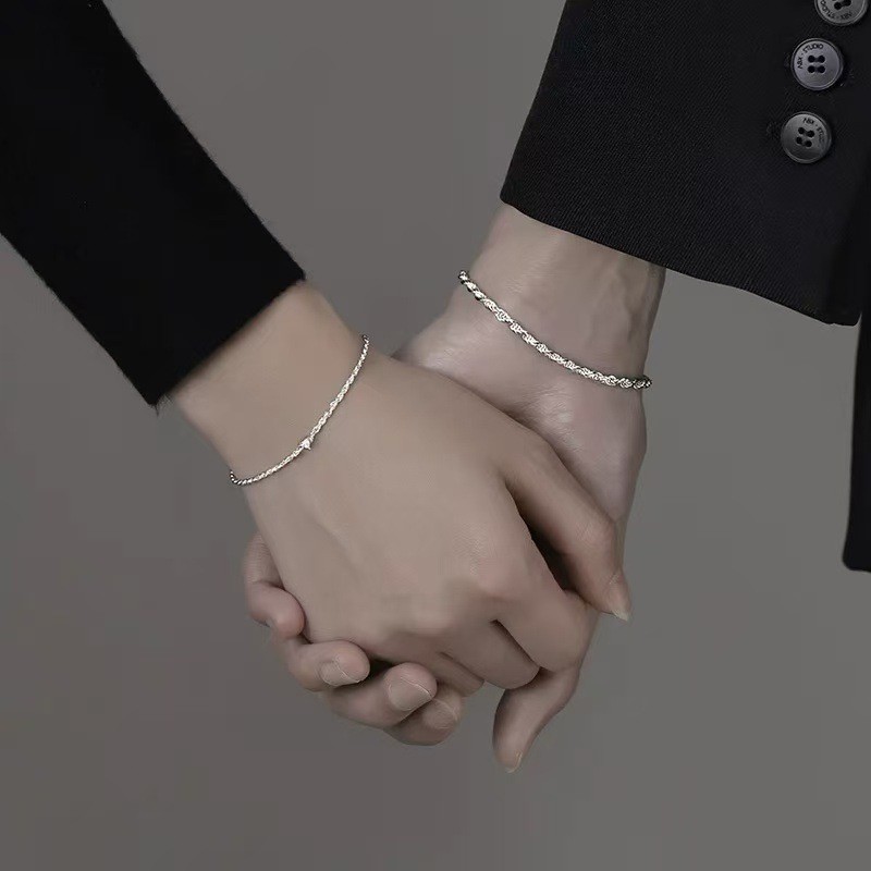 S925 Bạc Yixinyiyi Cặp Đôi Vòng Tay Nam Nữ Trái Tim Tình Yêu Kim Cương Đơn Giản Trơn Dây Xích Vòng Tay Kỷ Niệm Quà Tặng