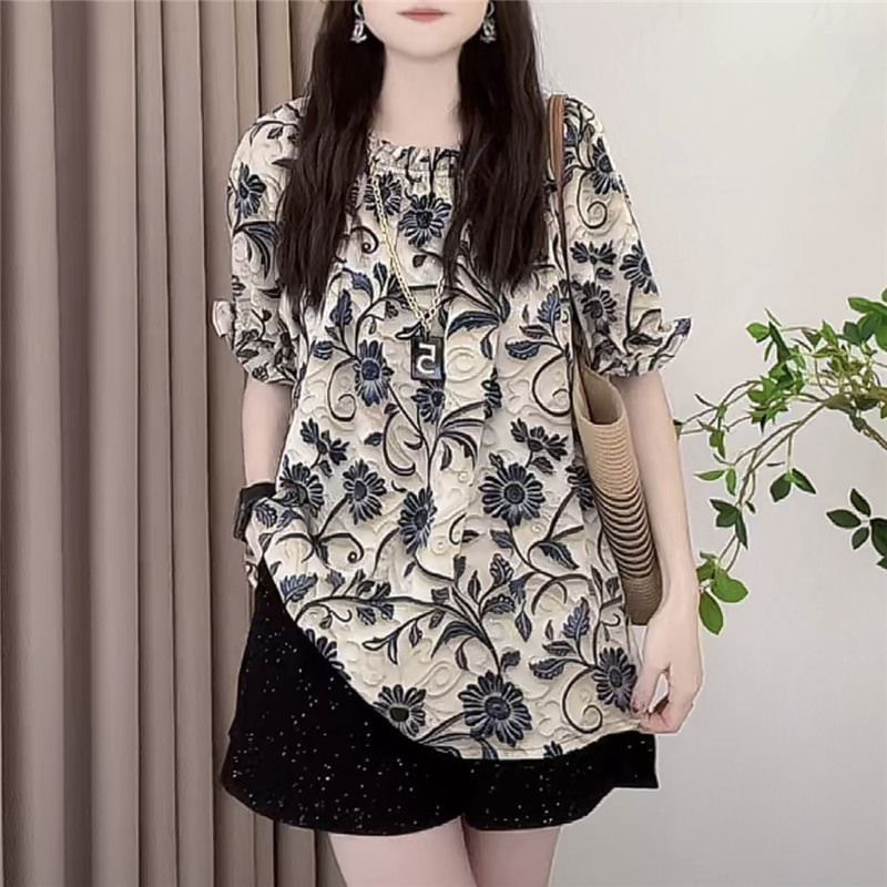 Áo Chui Đầu Thời Trang Mới Phong Cách Trung Hoa In Hình Cổ Tròn Retro Hoa Rời Tay Ngắn Nữ