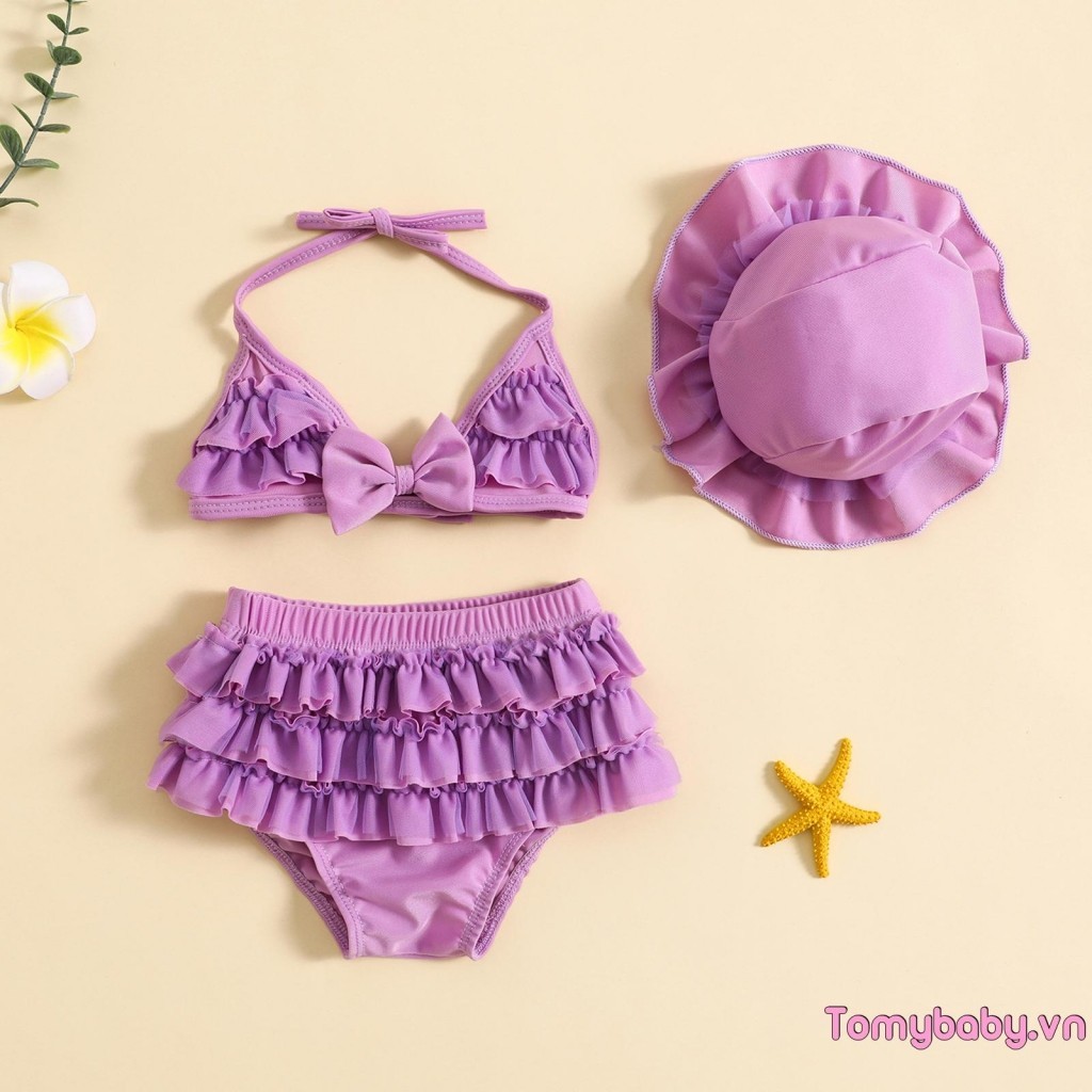 Bé Gái Mùa Hè 3 Bộ Trang Phục Đồ Bơi Áo Treo Cổ + Quần Short Ruffle Lớp + Mũ