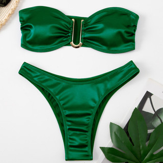 Đồ Bơi Nữ Satin Kim Loại U Trang Trí Bandeau Màu Trơn Hai Mảnh Bikini Đồ Bơi