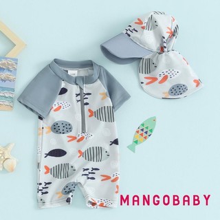 Mg-toddler Bé Trai Rash Guard Đồ Bơi Hoạt Hình In Cá Tay Ngắn Đồ Bơi Dây Kéo Phía Trước Bộ Đồ Tắm Có Mũ Bơi