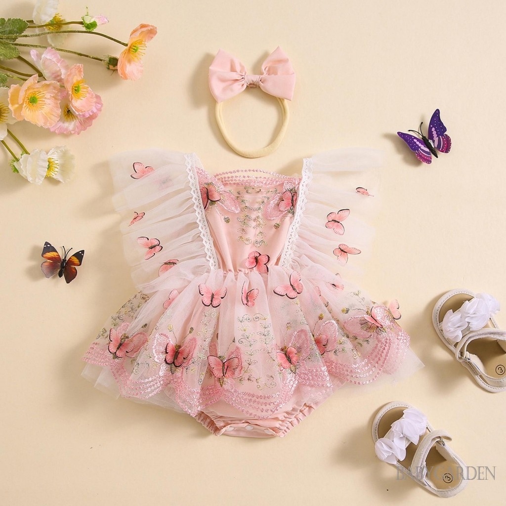 Baga-baby Bé Gái Rompers Có Băng Đô Ren Viền Họa Tiết Bướm Thêu Bay Tay Áo Tulle Viền Trẻ Sơ Sinh Body Quần Áo