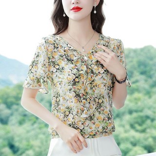 Áo Sơ Mi Voan Hoa Nữ Mùa Hè Phong Cách Mới In Hình Tay Ngắn Thời Trang Áo Sơ Mi Nhỏ Nữ Áo Sơ Mi Rời Mỏng Hơn Nhìn Tuổi Giảm Tuổi Hàng Đầu