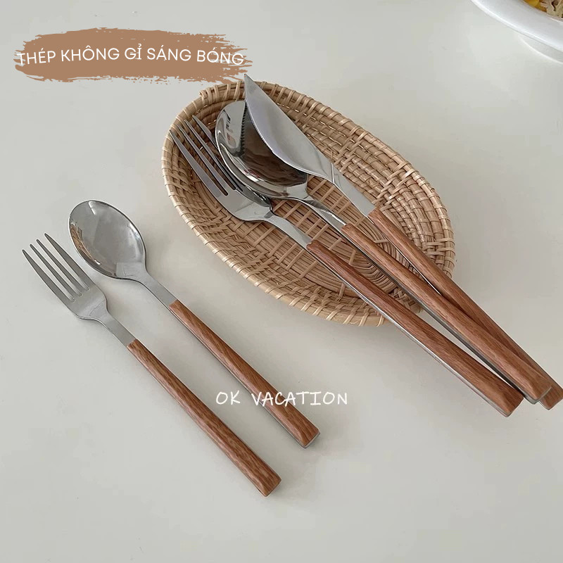 Bộ Dao Muỗng Dĩa Thìa Inox Cán Giả Gỗ Phong Cách Hàn Quốc Dùng Ăn Bít Tết, Đồ Âu - Thìa Nĩa Ăn Tráng Miệng Cao Cấp | 242