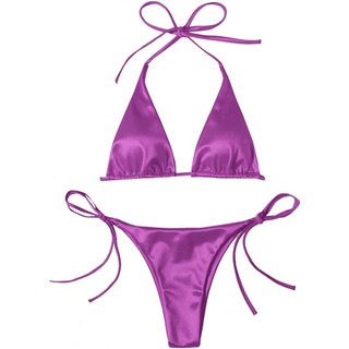 Đồ Bơi Nữ Màu Trơn Satin Tam Giác Cốc Dây Hai Mảnh BIkini Đồ Bơi