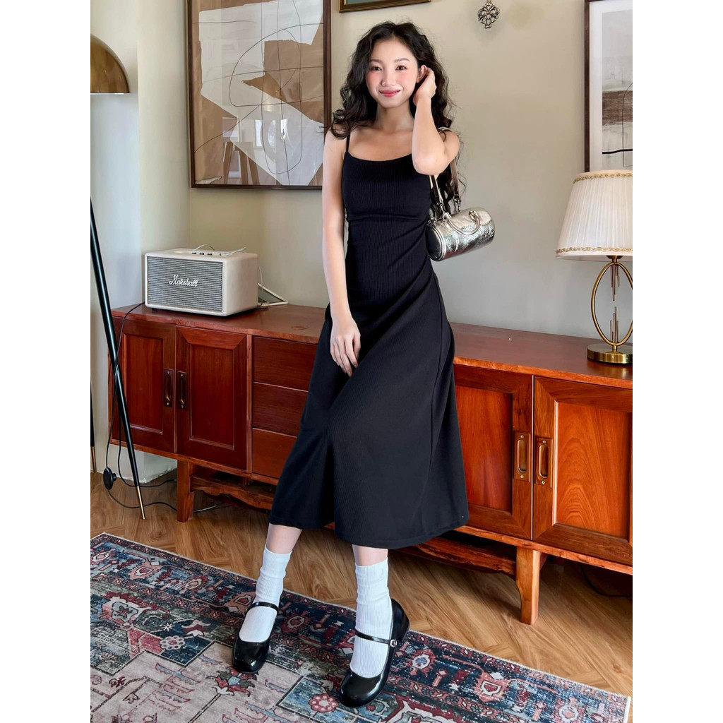 Đầm Body Nữ Hai Dây Dáng Dài Basic Ulzzang Chất Thun Gân Trung Dày Dặn Tôn Dáng - D020