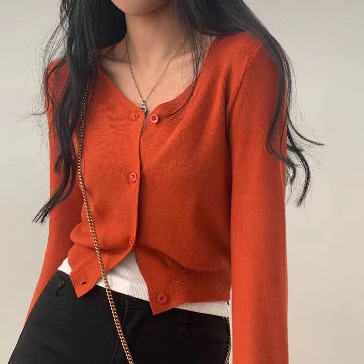 Suxi - Áo len dệt kim dệt kim cổ chữ V dài tay cổ chữ V đa năng dành cho nữ 240404