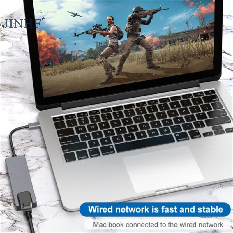JINHF 5 Trong 1 USB C Hub Loại C Sang 4K Bộ Chuyển Đổi Tương Thích RJ45 Mạng 100M Ethernet Lan Cổng Sạc Adapter Cho Pro HOT