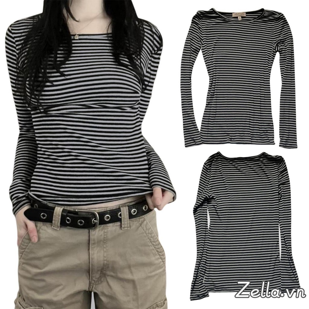 Áo thun nữ dài tay cổ tròn sọc mùa xuân Slim Fit Áo hàng ngày