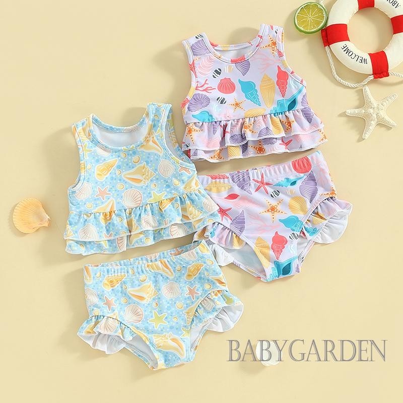 Baga-3 tuổi Bikini mùa hè cho bé gái Bộ 2 chiếc Áo ba lỗ cổ tròn không tay in hình sao biển có quần short Đồ bơi