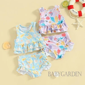 Baga-3 tuổi Bikini mùa hè cho bé gái Bộ 2 chiếc Áo ba lỗ cổ tròn không tay in hình sao biển có quần short Đồ bơi