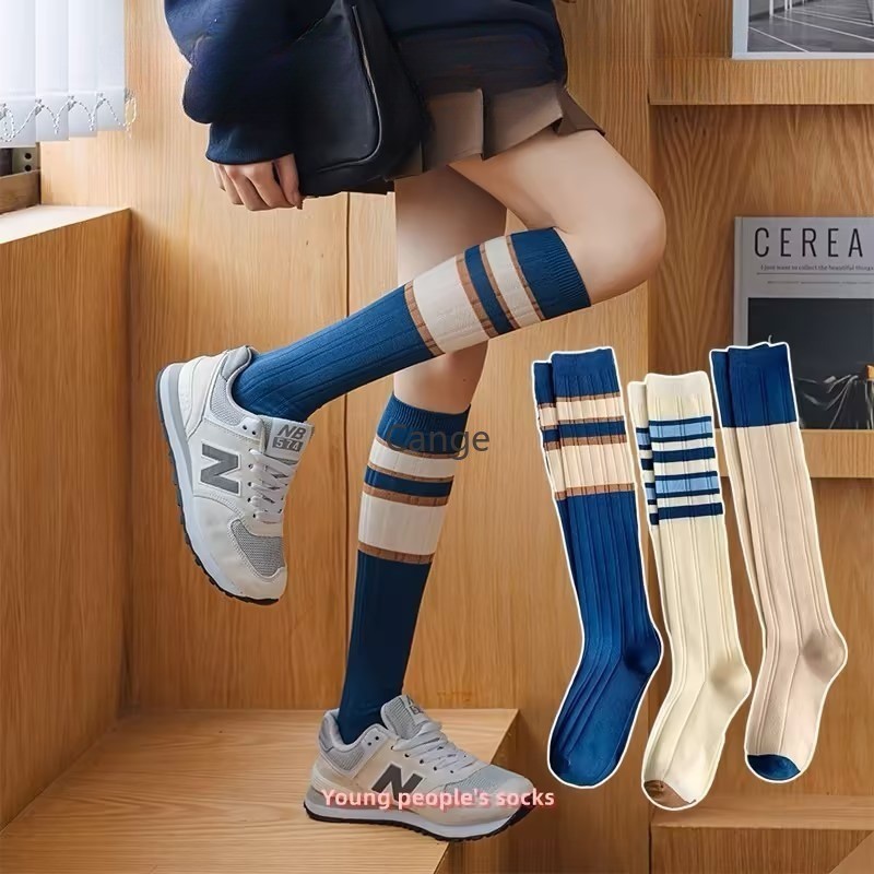 Tất bê JK màu xanh cho nữ xuân thu Nhật Bản vớ dài sọc ngọt ngào phong cách đại học
