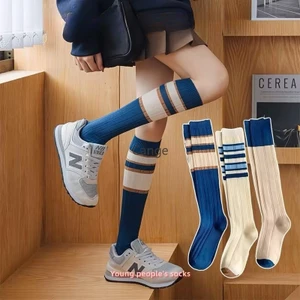 Tất bê JK màu xanh cho nữ xuân thu Nhật Bản vớ dài sọc ngọt ngào phong cách đại học