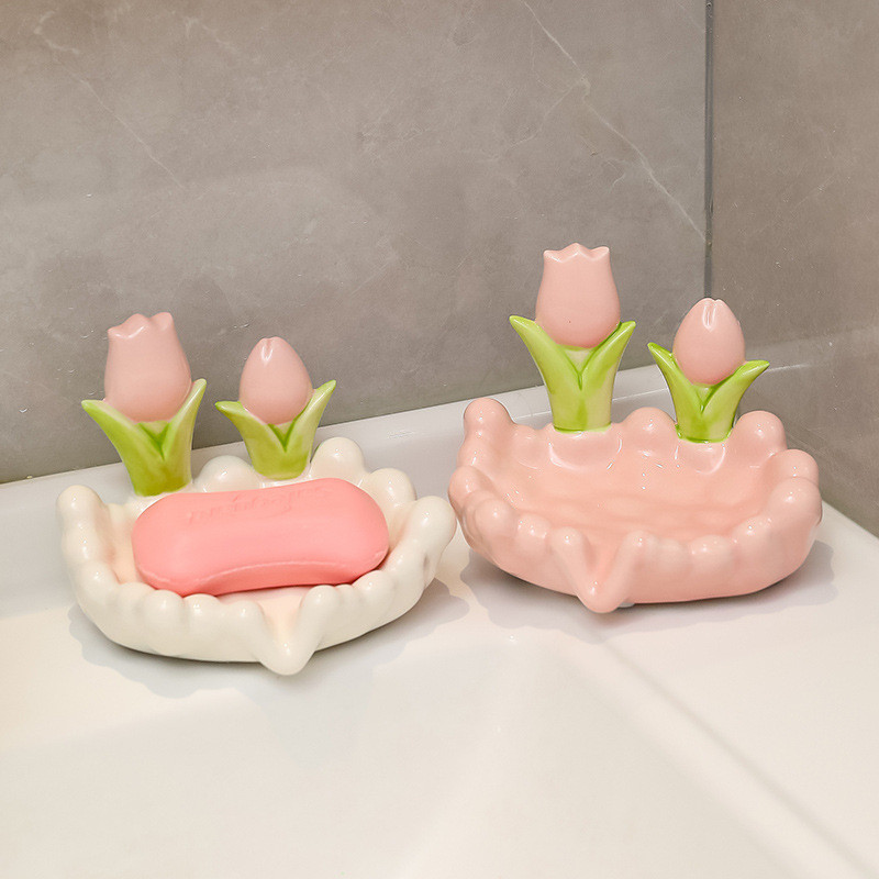 Khay Đựng Xà Phòng Thoát Nước Hoa Tulip - Khay Để Đồ Decor Bằng Gốm Sứ Hoạ Tiết Hoa Hồng Để Nhà Tắm