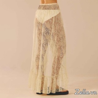 Nữ Ren Dài Váy Vintage Cao Cấp Màu Trơn Bất Đối Xứng Viền Ruffle Midi Flowy Nhìn Xuyên Qua Váy