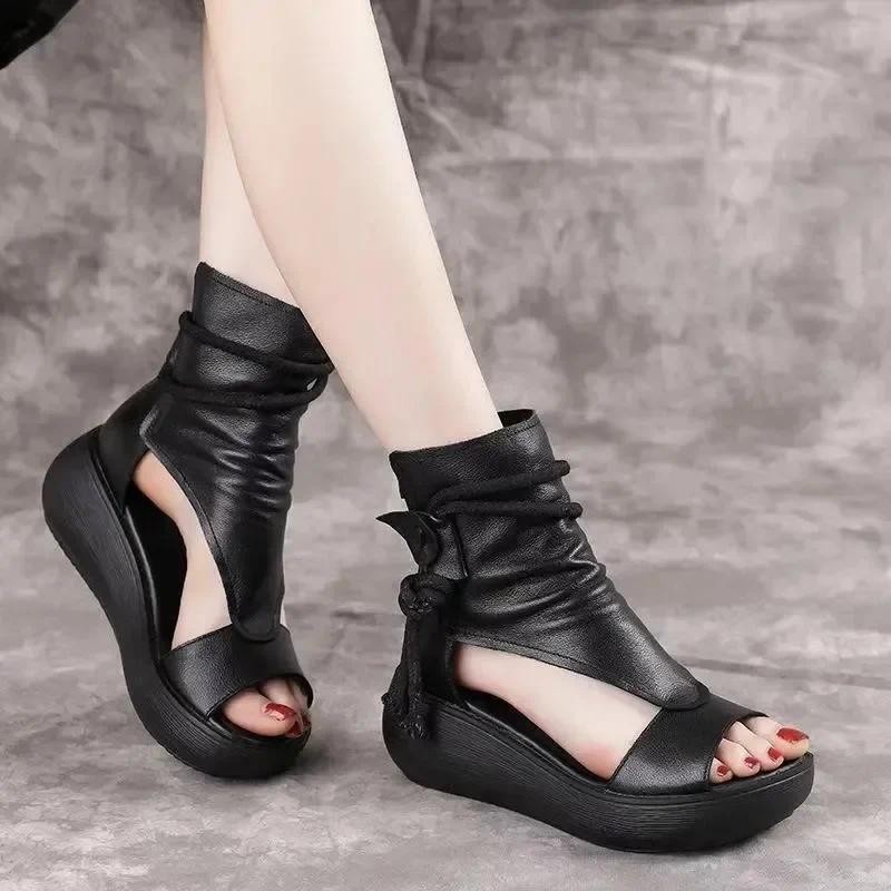 Nữ Vintage Da PU Thoáng Mát Xăng đan Nữ Thời Trang Mùa Hè Giữa Giày Nêm Xăng đan Mujer Sapato Feminino