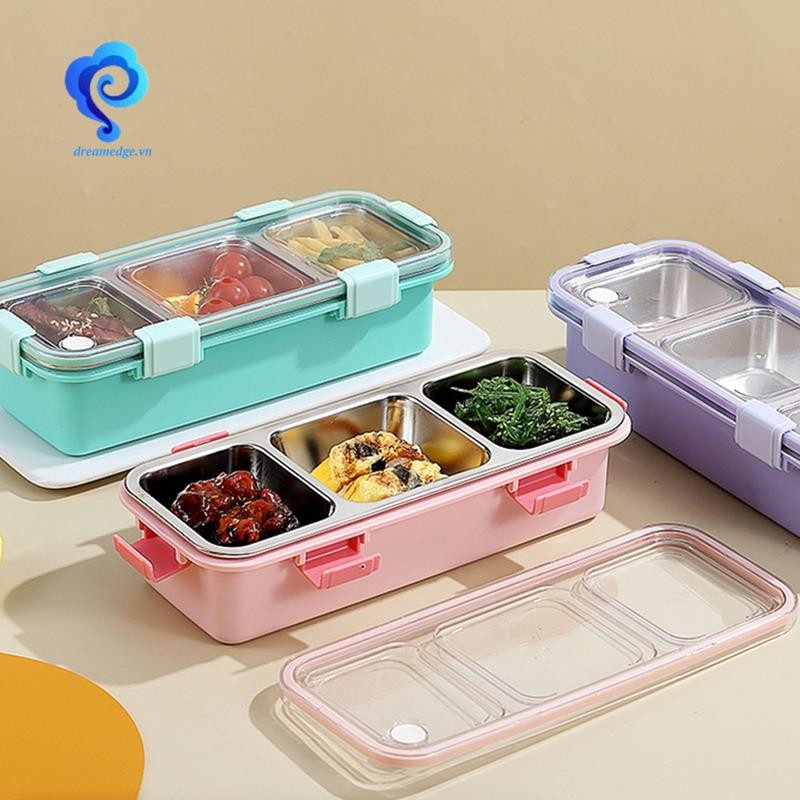 Dreamedge: Hộp cơm trưa 3 ngăn bằng thép không gỉ, hộp Bento di động chống rò rỉ cho trẻ em