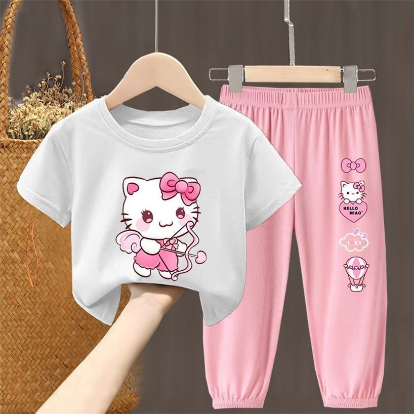 2025 Mèo Kitty Mới Trẻ Em Mùa Hè Bộ Áo Thun Tay Ngắn Thời Trang Và Quần Chống Muỗi Trang Phục Thường Ngày Và Đa Năng Cho Bé Trai Và Bé Gái