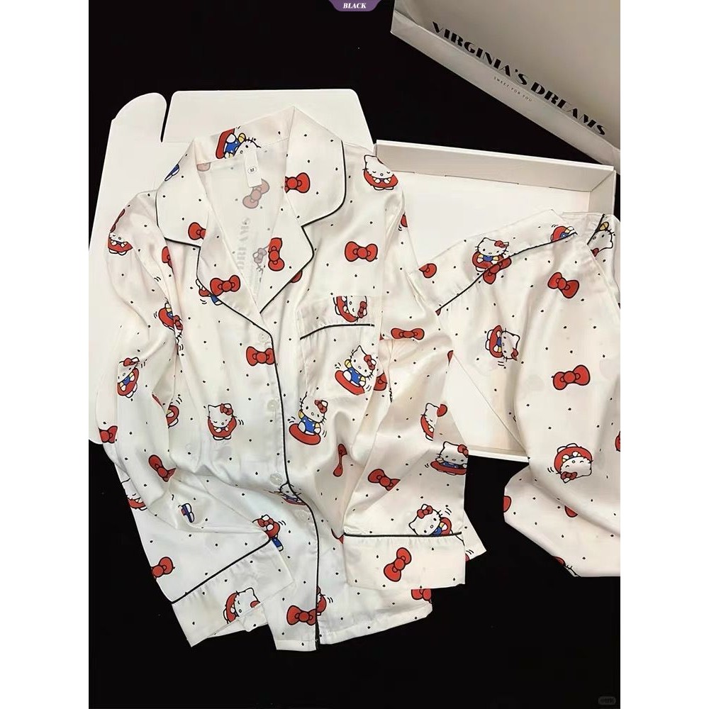 Ins Wind Bow Hello Kitty Bộ Đồ Ngủ Hoạt Hình Nữ Xuân Thu Quần Dài Tay Mới Mặc Ở Nhà [BL]