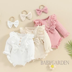 Baga-bộ áo liền quần xếp nếp cho bé gái sơ sinh Áo liền quần dài tay cổ tròn có băng đô