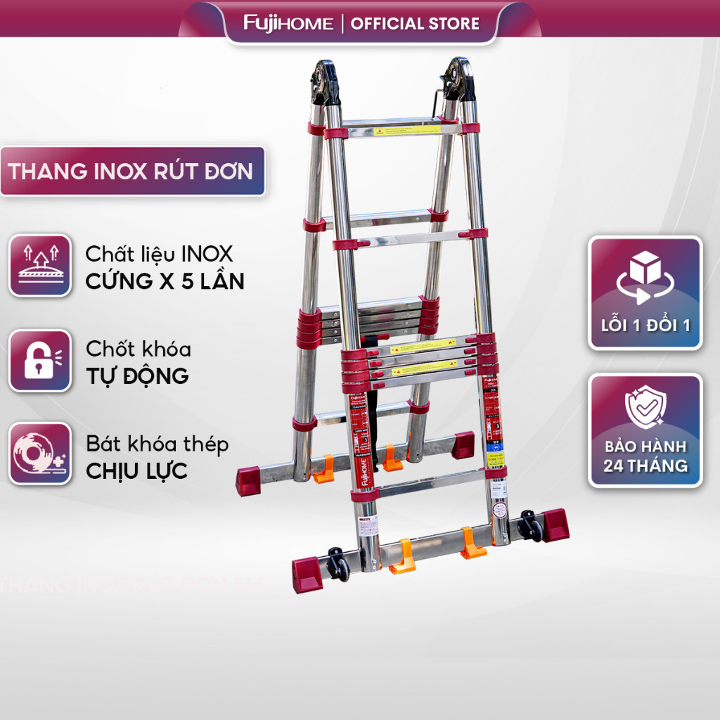 Thang nhôm rút đôi chữ A INOX 4.4M - 5M -5.6M ,thang rút đôi xếp gọn đa ...