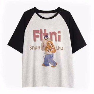 Áo thun tay ngắn dáng rộng in họa tiết hoạt hình phối màu tương phản kiểu Hàn Quốc thời trang cho nữ
