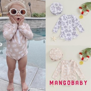 Mg-toddler Bé Gái 2 Mảnh Đồ Bơi Cổ Tròn In Hoa Zip Phía Trước Dài Tay Đồ Bơi + Mũ Bơi Nơ 3D