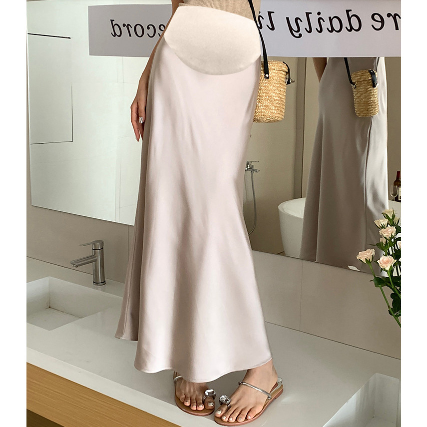 Váy Bà Bầu 2024 Phong Cách Mới Pháp Retro Satin Bánh Mì Mông Ôm Hơn Nhìn Đuôi Cá Váy Dài Bà Bầu Đáy