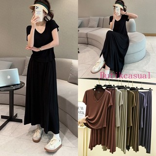 Áo Thun Nữ Váy 2 Bộ Đồng Bằng Mùa Hè Mới Tay Ngắn Cổ Chữ v Áo Sơ Mi Mỏng Rời Lớn Xoay Phù Hợp Với