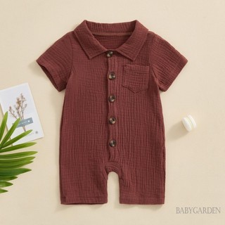 Baga-bộ áo liền quần mùa hè cho bé trai màu trơn tay ngắn có ve áo nút xuống áo liền quần cho bé