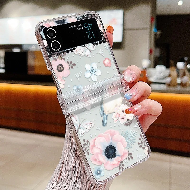 Ốp Điện Thoại Gấp Siêu Mỏng Trong Suốt Chống Sốc Cho Samsung Galaxy Z Flip 5 Flip 4 Flip 3 Ốp Lưng Full Bản Lề Hoa Trong Suốt Bìa Cứng
